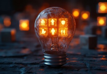 Poster - Creative light bulb with glowing icons representing innovation, teamwork, and technology surrounded by a blurred glowing background of warm lights