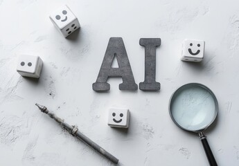 Poster - Creative representation of artificial intelligence concept featuring letters, smiley dice, magnifying glass, and a pen on a textured surface for modern themes