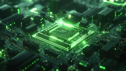 Poster - Detailed Close-Up of a Futuristic Green Circuit Board with Processing Unit and LED Lights Glowing in a Dark Environment Ideal for Technology Themes