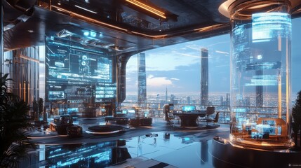 Poster - Futuristic Office Interior with High-Tech Design and City View