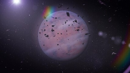 Wall Mural - A planet surrounded by asteroids and a cosmic rainbow.

A striking view of a red planet within our solar system, surrounded by asteroids and rock meteors. The planet is lit by a distant star, and a co