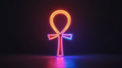 Canvas Print - Glowing Neon Ankh Symbol in Dark Room.