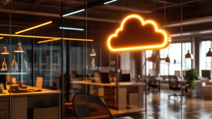 Poster - Modern Office Interior with Neon Cloud Sign and Stylish Decor
