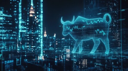 Aufkleber - A dynamic view of stock market data with rising share prices and a bull icon, against the backdrop of a futuristic city at night, highlighting investment potential.