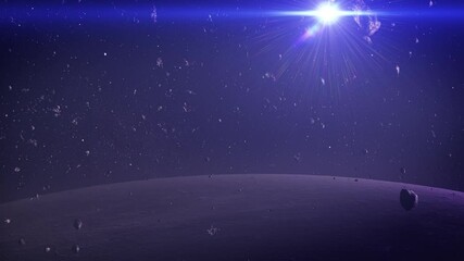 the moon with asteroids hovering close the gentle curve of a moon’s surface glows softly under the v