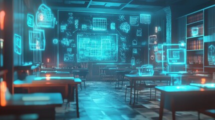 Poster - Futuristic Classroom with Holographic Technology and Digital Elements