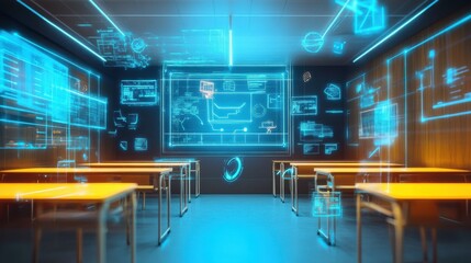 Poster - Futuristic Classroom with Holographic Displays and Empty Desks