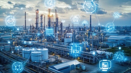 Poster - A factory floor where machines are connected and communicating with a central hub over a 5G network, highlighting the power of digital synchronization.