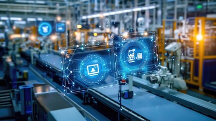 Poster - A factory floor where machines are connected and communicating with a central hub over a 5G network, highlighting the power of digital synchronization.
