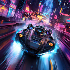 Poster - Futuristic City Pursuit: A sleek, futuristic vehicle streaks through a vibrant cityscape, illuminated by neon lights, showcasing speed and innovation.