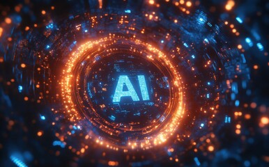 Poster - Futuristic Abstract Background with AI Technology Concept Surrounded by Glowing Particles and Circuits in Blue and Orange Hues