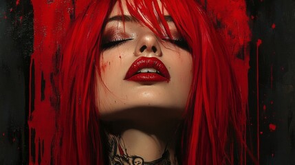 Poster - Steampunkinspired woman red hair mechanical tattoos metal accents dynamic splashes of red black paint the background a mix of urban street art and industrial textures bold lips shining in the light