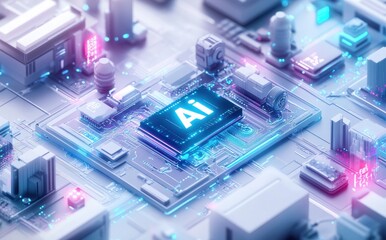Aufkleber - Futuristic Circuit Board with AI Chip Surrounded by Neon Lights and Modern Technology Elements Representing Artificial Intelligence Advancement