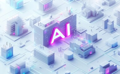Poster - Futuristic Cityscape with AI Display, Neon Lights, Digital Elements, Abstract Technology Visualization Representing Artificial Intelligence Development