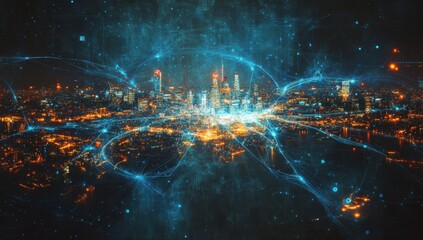 Poster - Futuristic Cityscape with Network Connections and Bright Lights Representing Digital Innovation and Urban Development in a Nighttime Setting