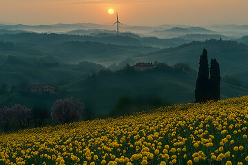 Sticker - Sunrise over Tuscan hills, yellow flowers, wind turbine