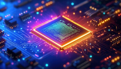 Poster - Futuristic Close-up of a Vibrant Microchip with Colorful LED Lights on a Circuit Board Displaying Complex Connections and Technology Innovations