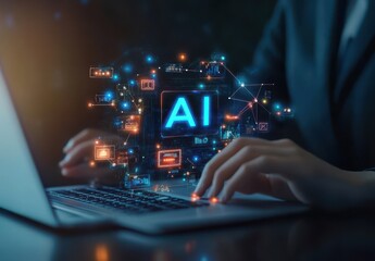 Aufkleber - Futuristic Concept of Artificial Intelligence Technology Overlaid on Laptop Keyboard for Digital Transformation and Innovation in Business Processes