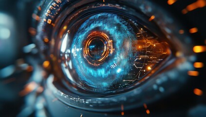 Poster - Futuristic Cybernetic Eye with High-Tech Circuitry and Glowing Elements in a Close-Up Perspective