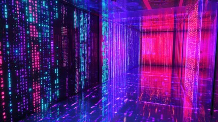Poster - Vibrant Abstract Digital Corridor with Colorful Lights and Patterns