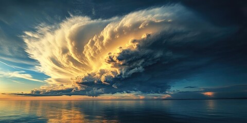 Poster - Majestic cloud formation with golden sunset hues reflecting on serene water surface, deep blues and warm oranges blending harmoniously in the sky.