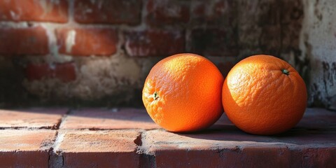 Poster - Two vibrant oranges on a rustic red brick surface, positioned side by side with soft shadows highlighting their texture and color.