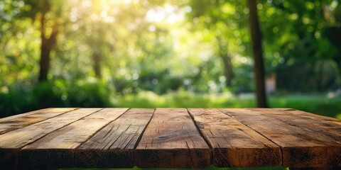 Leinwandbilder - Textured rustic wooden table surface in foreground with soft blurred green garden bokeh background highlighted by warm sunlight filtering through trees