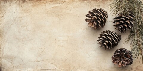 Poster - Textured vintage paper background with warm beige hues featuring three arranged stone pine cones and a green pine branch on the left side.