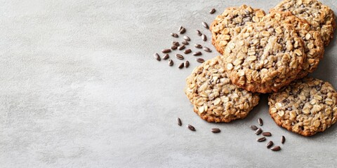 Poster - Homemade oatmeal cookies with sunflower seeds and flaxseeds arranged on a light grey background with ample space for copy.