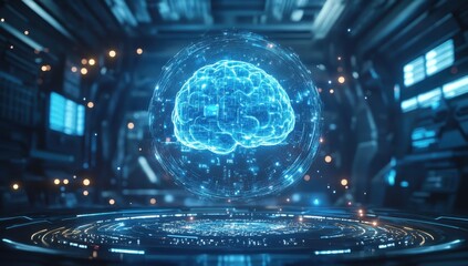 Aufkleber - Futuristic Digital Brain Visualization in High-Tech Environment with Illuminated Circuits and Glowing Data Points for Artificial Intelligence Concept