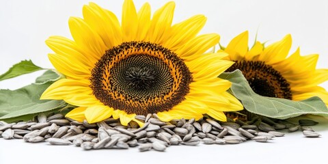 Poster - Bright yellow sunflowers with dark centers positioned in the foreground, surrounded by gray sunflower seeds and green leaves on a white backdrop.