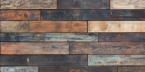 Poster - Rustic wooden panels with a grunge finish featuring dark browns, warm oranges, and weathered blues arranged in a horizontal striped pattern.
