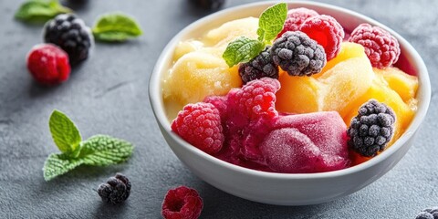 Poster - Colorful frozen fruit puree dessert in a white bowl on a dark stone background featuring vibrant raspberries and blackberries garnished with mint leaves.