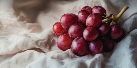 Poster - Fresh red grapes clustered on a light beige cotton backdrop with soft folds creating a natural texture enhancing the fruit's vibrant color.