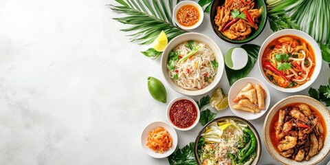 Poster - Traditional Thai cuisine arranged on a white table viewed from above featuring vibrant dishes in bowls surrounded by green leaves and condiments