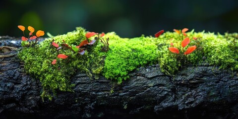 Poster - Vibrant green moss with small red leaves on a dark, textured wooden log, showcasing rich natural textures and colors in a serene forest environment.