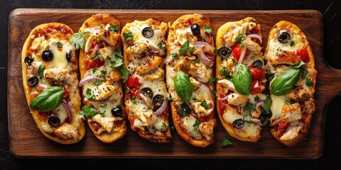 Poster - Baked flatbreads topped with grilled chicken, olives, red onions, and basil on a wooden board against a dark background