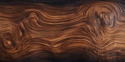 Poster - Rich brown wood grain texture on natural wood table surface, displayed against a dark wood backdrop, highlighting the intricate swirling patterns.