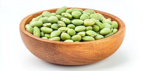 Poster - Fresh green beans in a wooden bowl against a clean white background, showcasing vibrant green tones and smooth textures, ideal for healthy food concepts.
