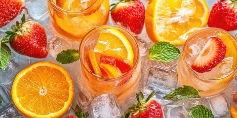 Aufkleber - Fresh citrus cocktails with strawberries and mint on ice, featuring vibrant orange and red colors, arranged in clear glasses with mint leaves.