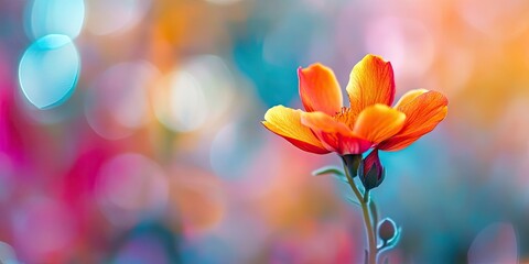Poster - Vibrant orange flower in sharp focus against a blurred, multicolored bokeh background with soft blue and pink hues emphasizing nature's beauty.