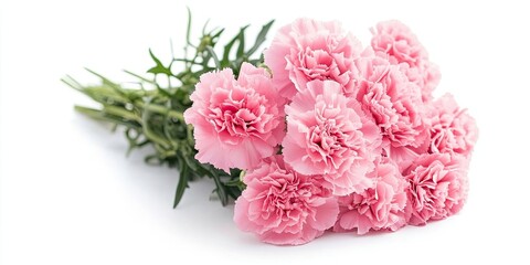 Aufkleber - Soft pink carnation bouquet with lush green stems arranged on a clean white background showcasing delicate petals and vibrant colors.