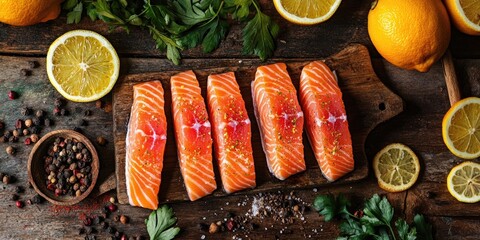 Poster - Fresh salmon fillets arranged on a wooden cutting board with lemon slices and herbs surrounding them against a rustic wooden backdrop.