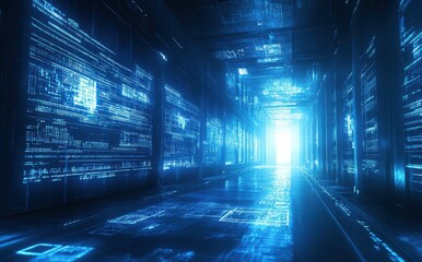 Poster - Futuristic Digital Corridor Illuminated by Bright Light with Abstract Data Streams and Glowing Lines Creating a High-Tech Atmosphere