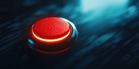 Leinwandbilder - Red circular button with a textured surface and glowing edge, positioned centrally on a dark blue blurred background with dynamic lines.