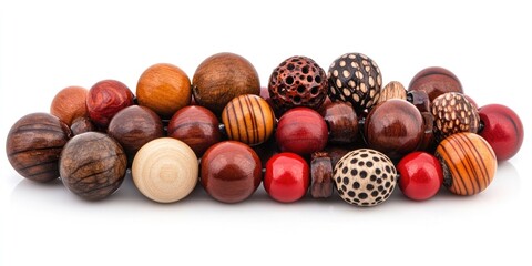 Aufkleber - Colorful assortment of wooden beads in various sizes and patterns arranged horizontally with red and natural tones prominently featured.