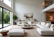 © Eliane - Luxury White Modern Living Room: Designer Interior, Round Coffee Table, Elegant Sofa, Lush Garden View, Abstract Art, Soft Daylight - Magazine Style Home