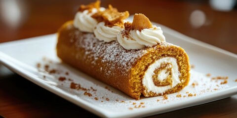 Aufkleber - Pumpkin roll cake with cream cheese frosting on a white plate with a blurred background and ample copy space showcasing warm autumn colors.