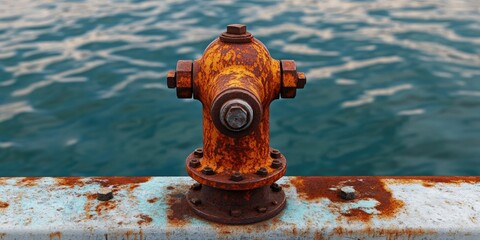 Aufkleber - Rusty fire hydrant with orange and brown patina, centered on a weathered blue surface, with turquoise water in the background.