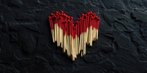 Aufkleber - Heart shape created with red and wooden matchsticks on a dark textured background symbolizing love and unity in a creative layout.